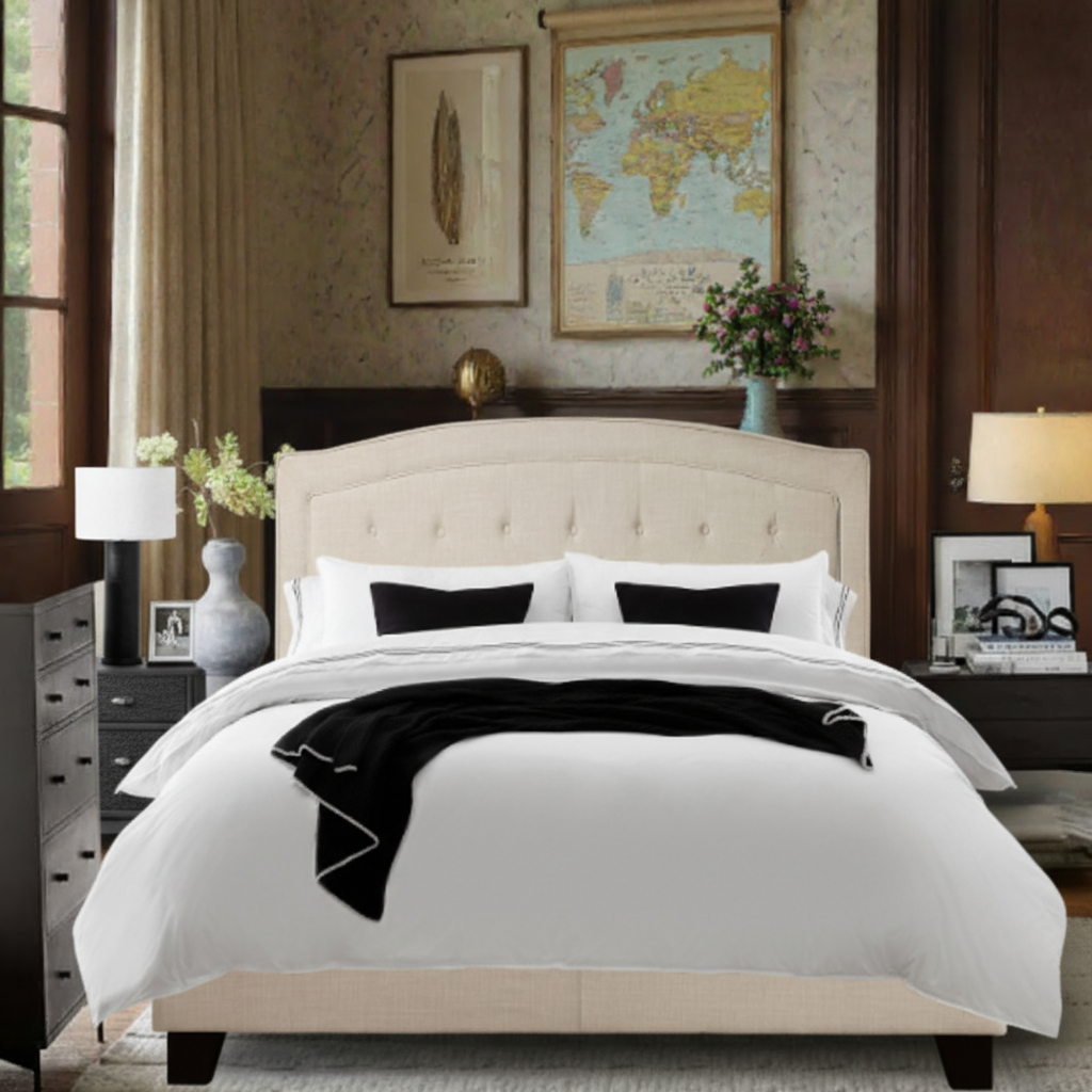 BSHTI Modern King Size Platform Bed Frame with Upholstered Headboard and wood slats support for Livingroom, Box Spring Required