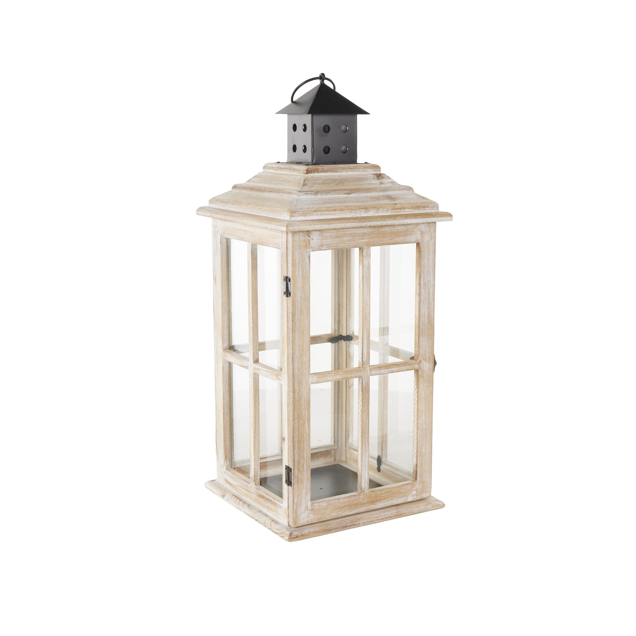DecMode Light Brown Wood Light House Decorative Candle Lantern with Black Ring Handle