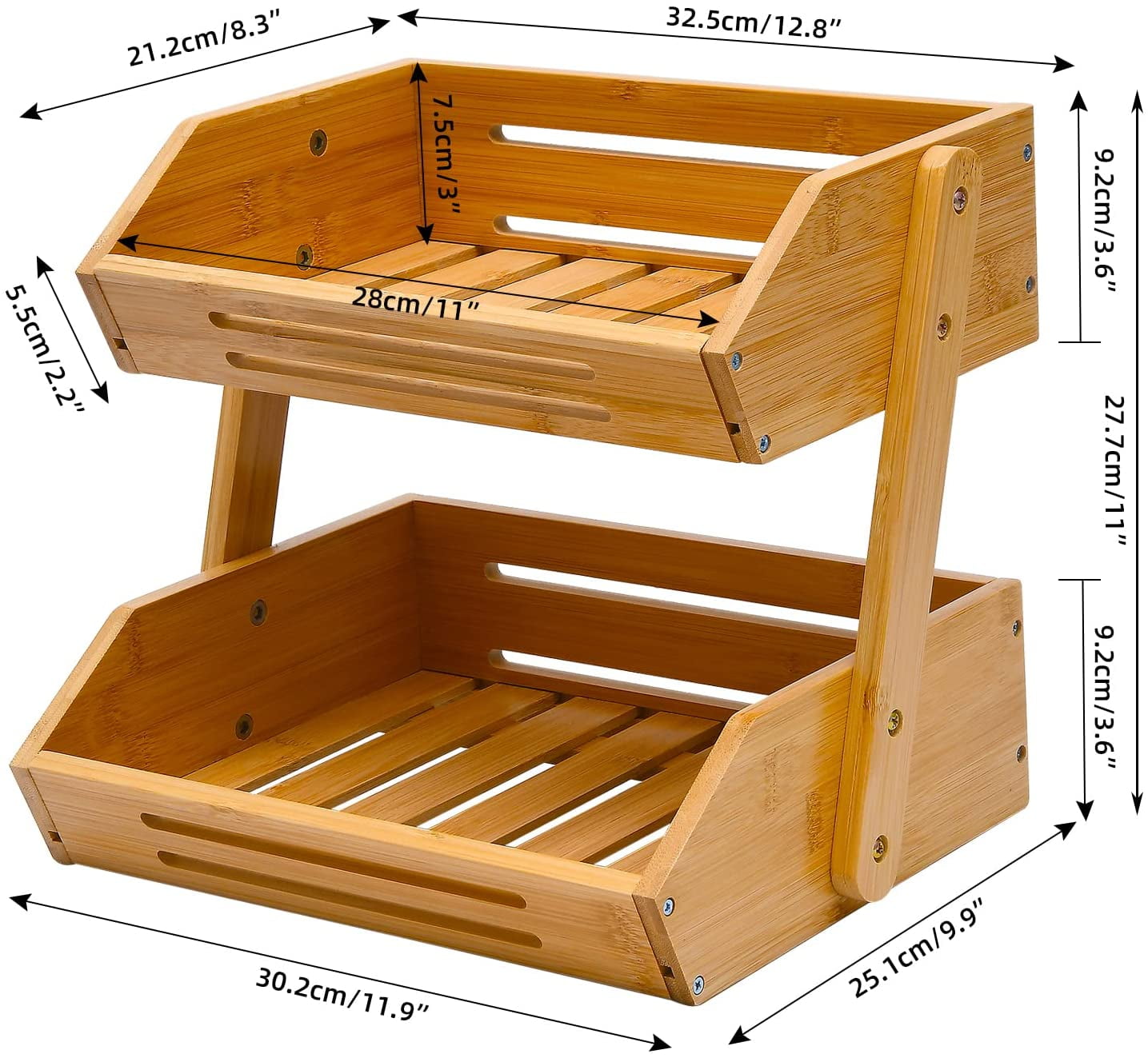 UPTRUST Fruit Basket, 2 Tier Bamboo Fruit Bowl for Kitchen Counter, 11" Tall Produce Storage Stand for Vegetables and Snack, 15 mm Thickness (Self-Assembly)