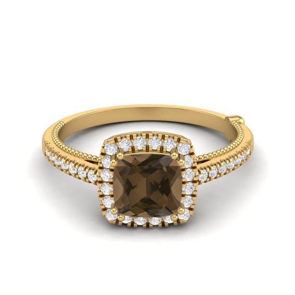 1.49 Ctw Cushion Smoky Quartz 925 Sterling Silver Gold Vermeil Solitaire Halo Women Valentines Day Gifts Ring