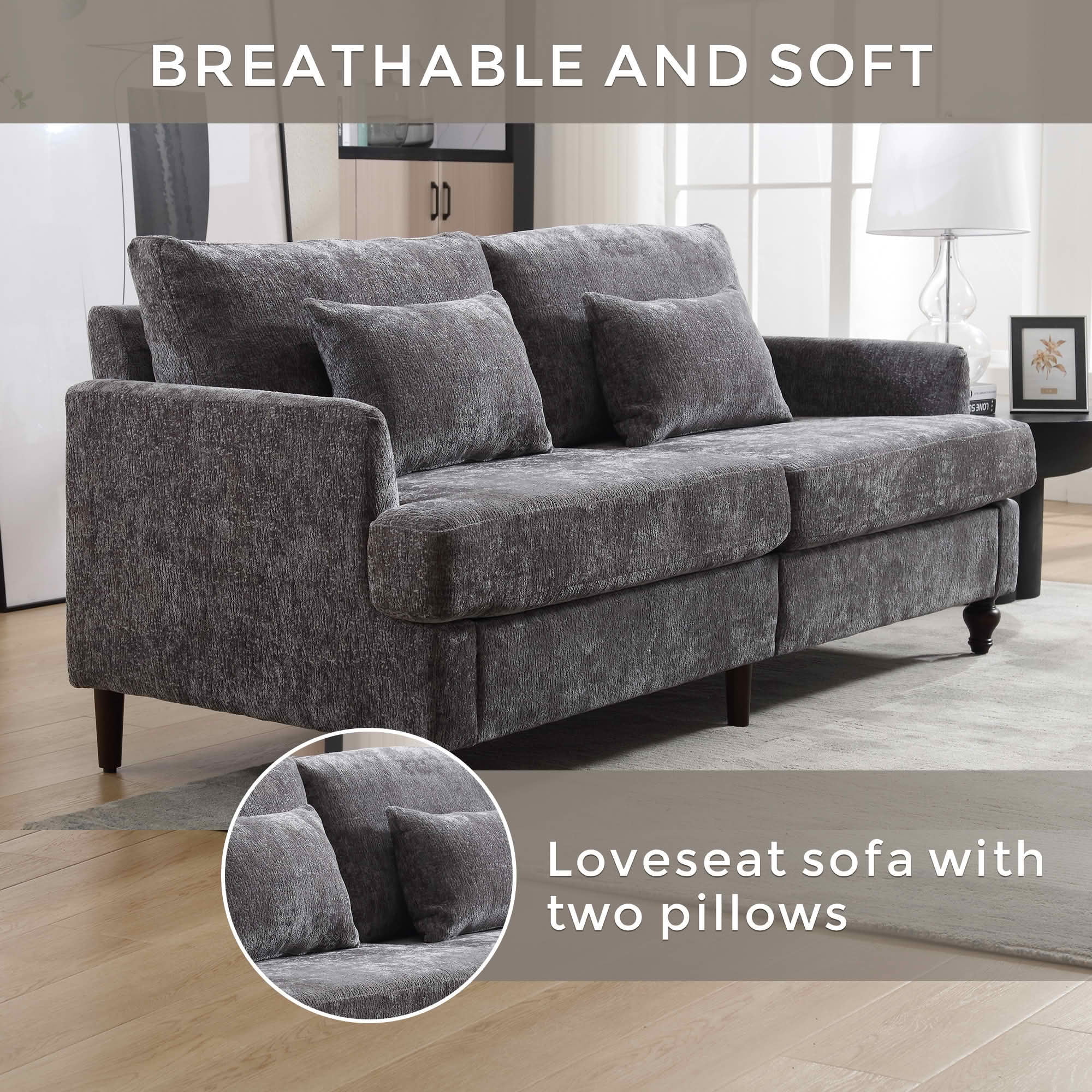MAYEERTY Mid-Century Chenille 2-Seater Loveseat, Comfy Deep Seat Sofa with Brown Wood Feet for Small Living Room & Bedroom
