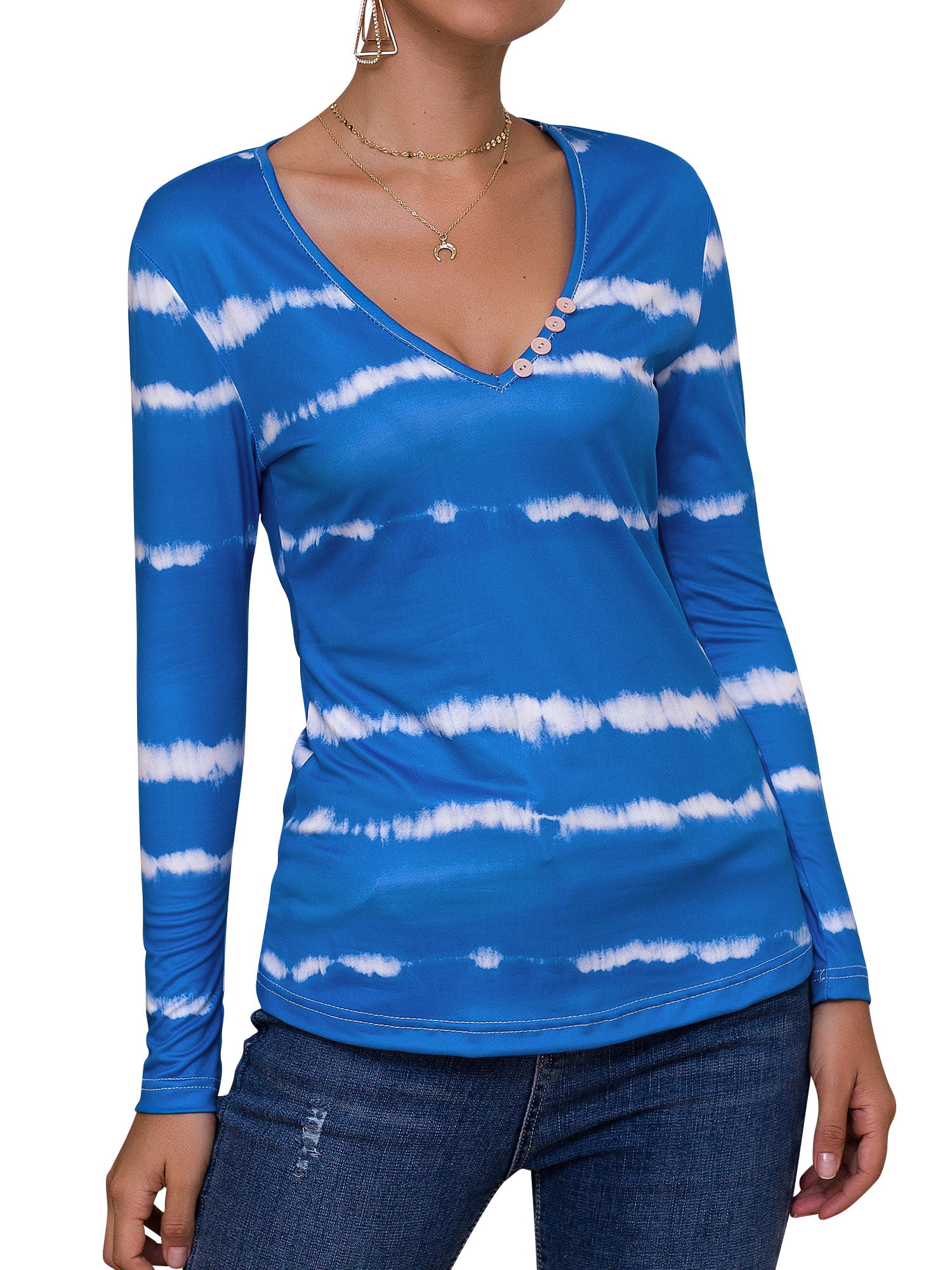 Nlife - Women Buttons V Neck Long Sleeve Tie Dyed Print Shirt - Walmart ...