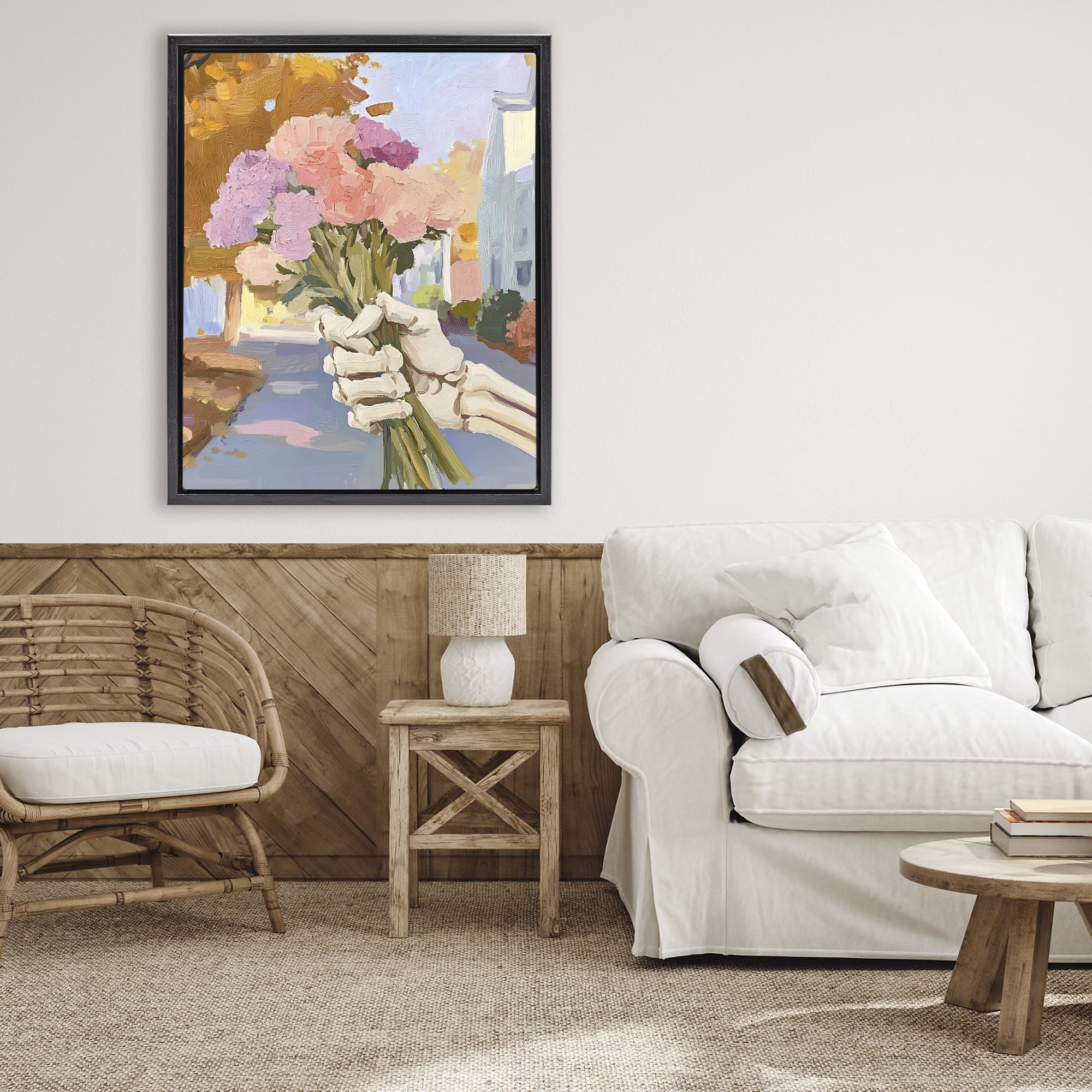 Stupell Industries Skeleton Hand Holding Flowers Black Framed Floater Canvas Wall Art, design by The Prints Vibe