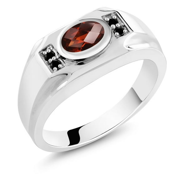 Gem Stone King Men's 925 Sterling Silver Red Garnet and Black Diamond Ring (1.53 Cttw, Gemstone January Birthstone, Oval Checkerboard 8X6MM,, Size 9)