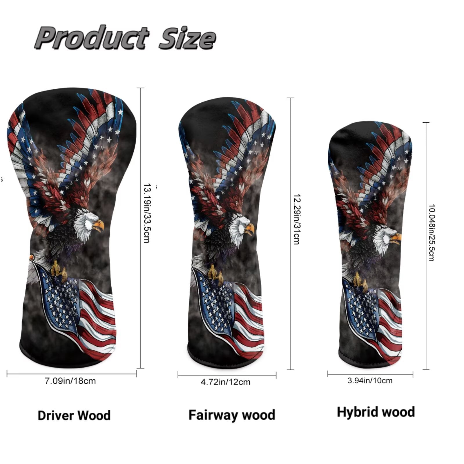 Uorisanigo Golf Club Headcover 3/5 Wood Headcover Elastic Closure Premium Leather Bald Eagle American Flag Golf Driver Headcovers, Fairway Wood Head Cover, Hybrid Cover, Set of 3