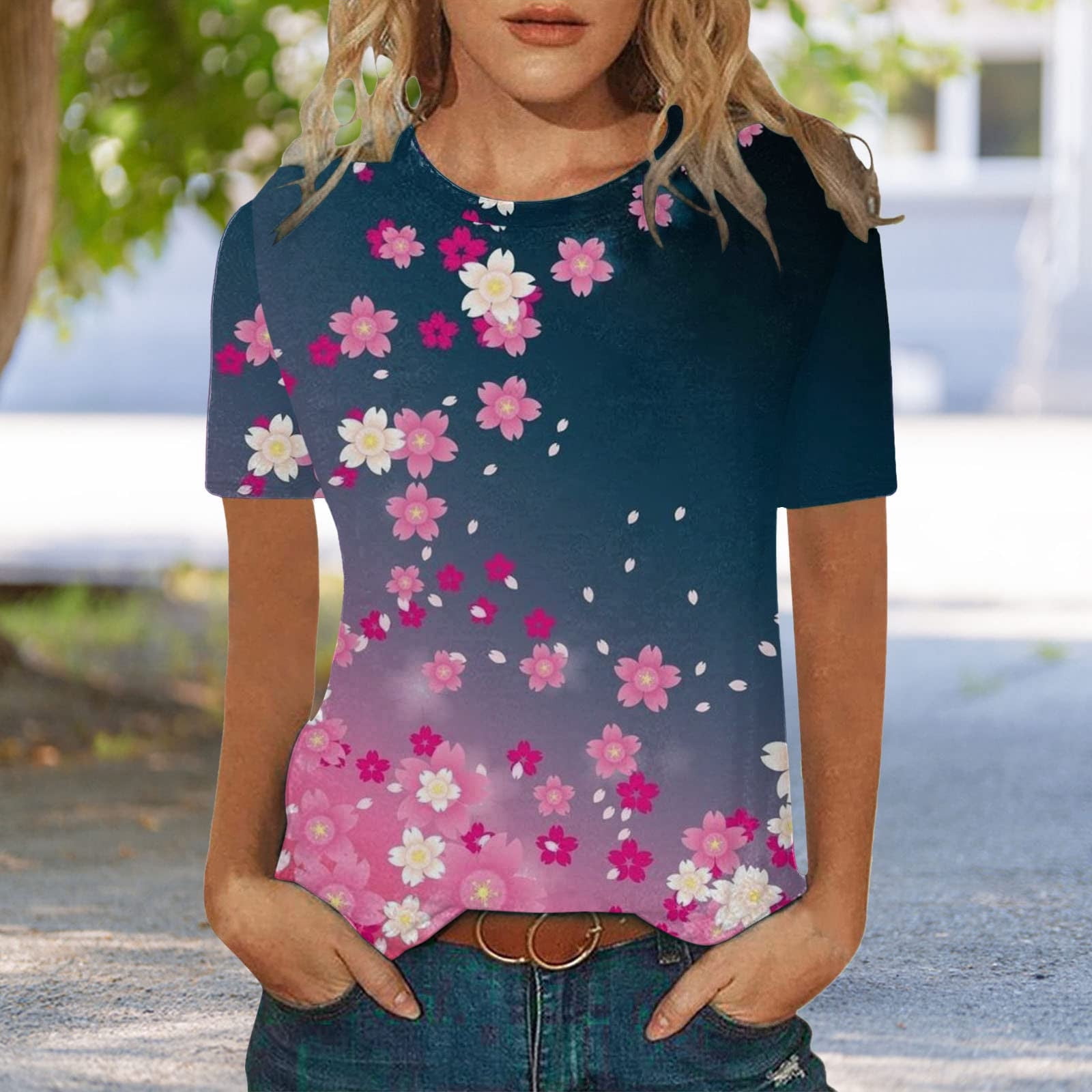 Women's Loose Basic Tee Shirt Summer Floral Print Ladies Holiday