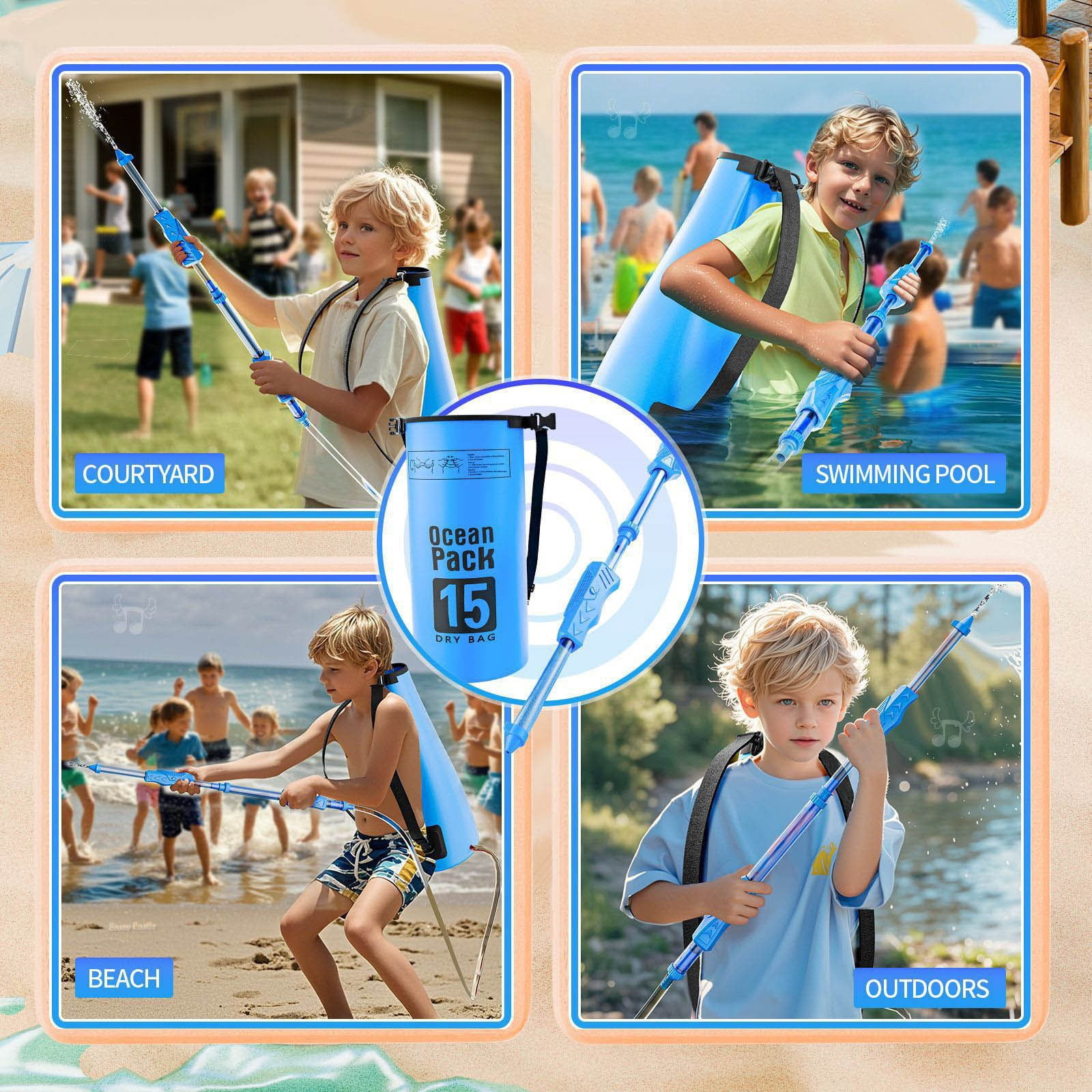 Pull-Out Backpack Water Cannon - 15L Dry Bag, 15M Range, Water Blaster - Adjustable Straps, Ergonomic for Beach, Pool, Outdoor