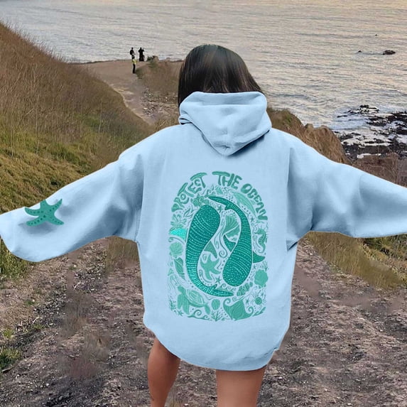 Aihuaihua Whale Ocean Hoodie Shark Hoodie for Women Preppy Oversized Graphic Long Sleeve Pullover Top Y2K Sweatshirt wiht Pocket
