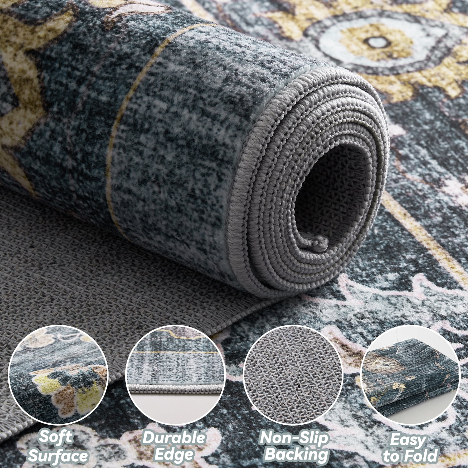 VUNATE 9'x12' Area Rugs for Living Room Washable Rugs Floral Vintage Area Rug Botanical Indoor Carpet Soft Rugs for Bedroom Office Dining Room Kitchen Accent Rug Contemporary Home Decor Navy