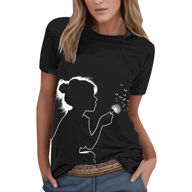 WEAIXIMIUNG T-Shirt Femme Été Décontracté Mode Col Rond Manches Courtes Imprimé Fleuri pour la Saint-Valentin