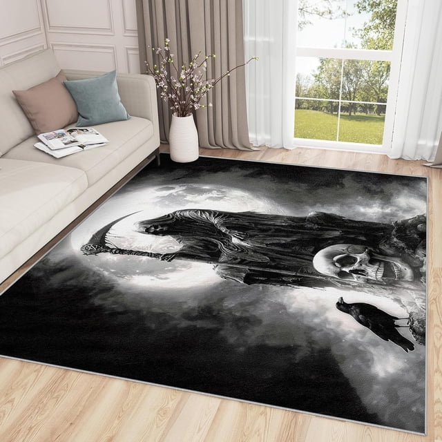 Gothic Rugs for Living Room - Grim Reaper Rug, 3x5 Rug, Goth Skull Area Rug, Spooky Skeleton Crow Washable Non Slip Rugs, Occult Edgy Carpet - Home Decor, Grim Reaper Gifts for Men