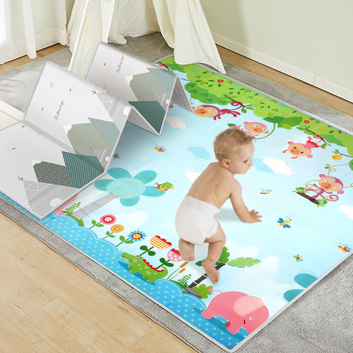 78.4x71x0.4'' Foldable Baby Crawling Mat Kids Play Mat, Safe Double Sides Soft NonSlip