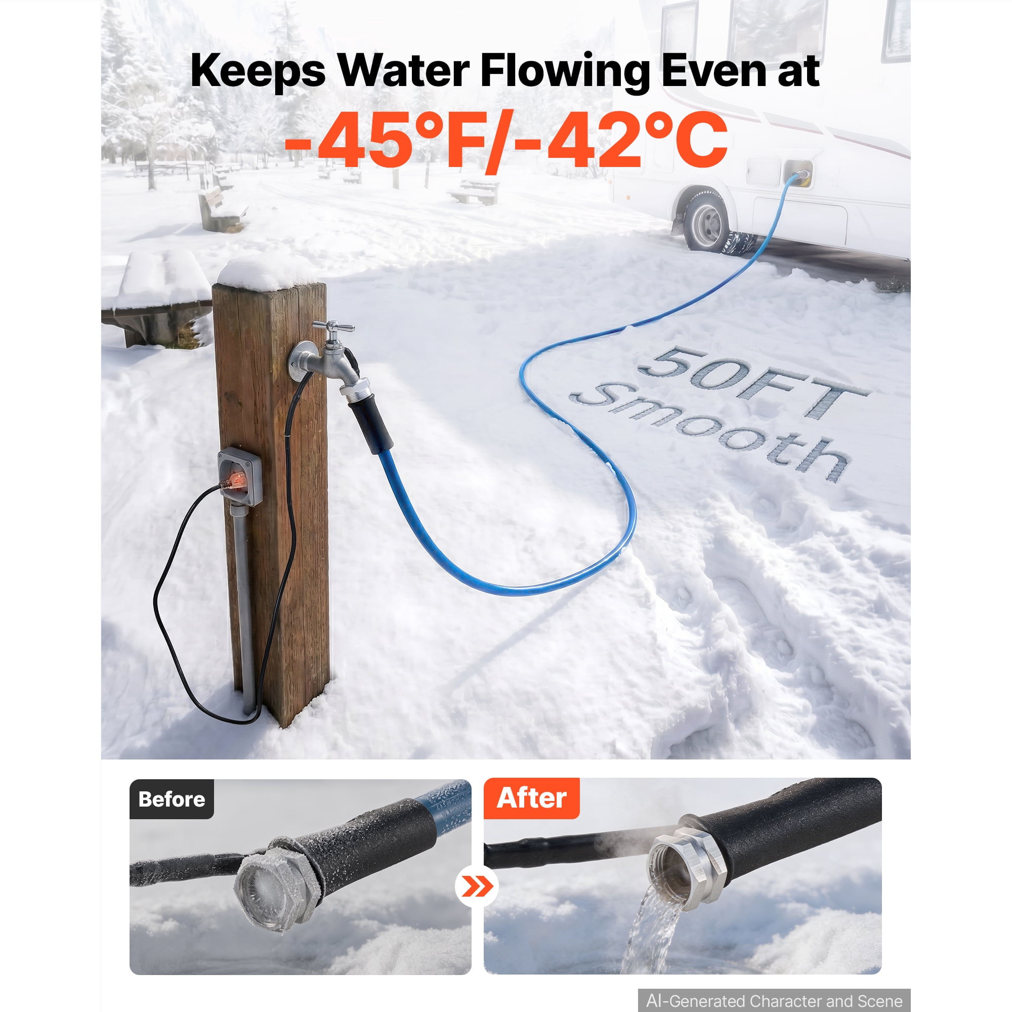 KFFKFF 50FT Heated Water Hose for RV, Antifreeze to -45°F, 1/2" ID, Smooth Surface, Built-in Thermostat, Freeze-Resistant, Leak-Proof, Lead-Free, BPA-Free, Quick Heating for RVs, Camping, and Gardens