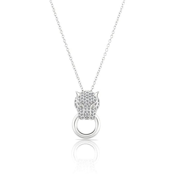 Tilo Jewelry Sterling Silver Cheetah Face Style Pendant Necklace with CZ Cubic Zirconia Stones - 18 Inch - for Women & Unisex