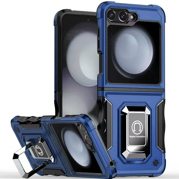 TJS for Samsung Z Flip6 Phone Case, [Military Grade] Heavy Duty Magnetic Support Ring Kickstand Cover for Samsung Z Flip 6 (Blue)