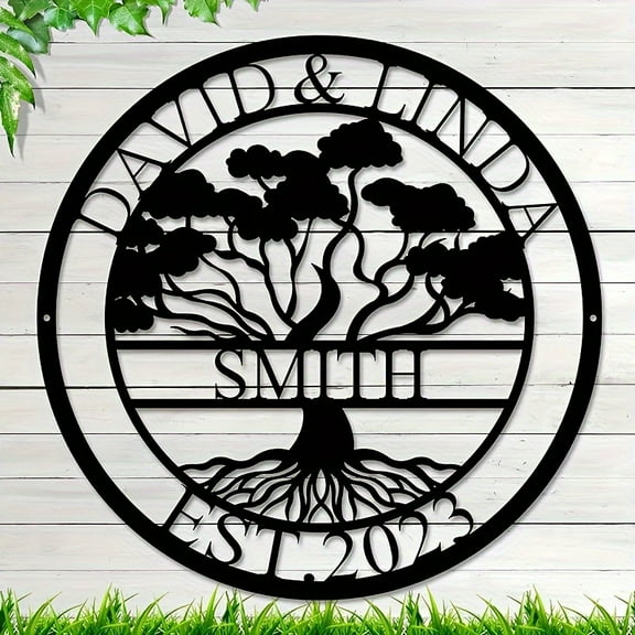 1pc Custom Personalized Metal Tree of Life Sign - Modern Farmhouse Wall Decor with Family Names, Monogram & Love Theme - Durable Indoor/Outdoor Metal Art, Reusable Housewarming Gift, Tree Decor