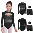 thumbnail image 3 of Runhomal Kids Girls Shiny Rhinestone Long Sleeve Gymnastic Leotard Ballet Tumbling Dance Unitard with Shorts Set Black 14, 3 of 5
