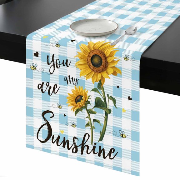 Table Runner Sunflower Leaves Decorative Dining Table Runner Spring Floral Blue Plaid Kitchen Table Decoration for Home, Holiday and Party Use 13x72 Inch