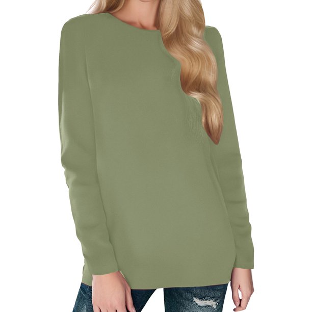 Camiseta básica de cuello redondo y manga larga para mujer - Top informal de otoño de corte holgado