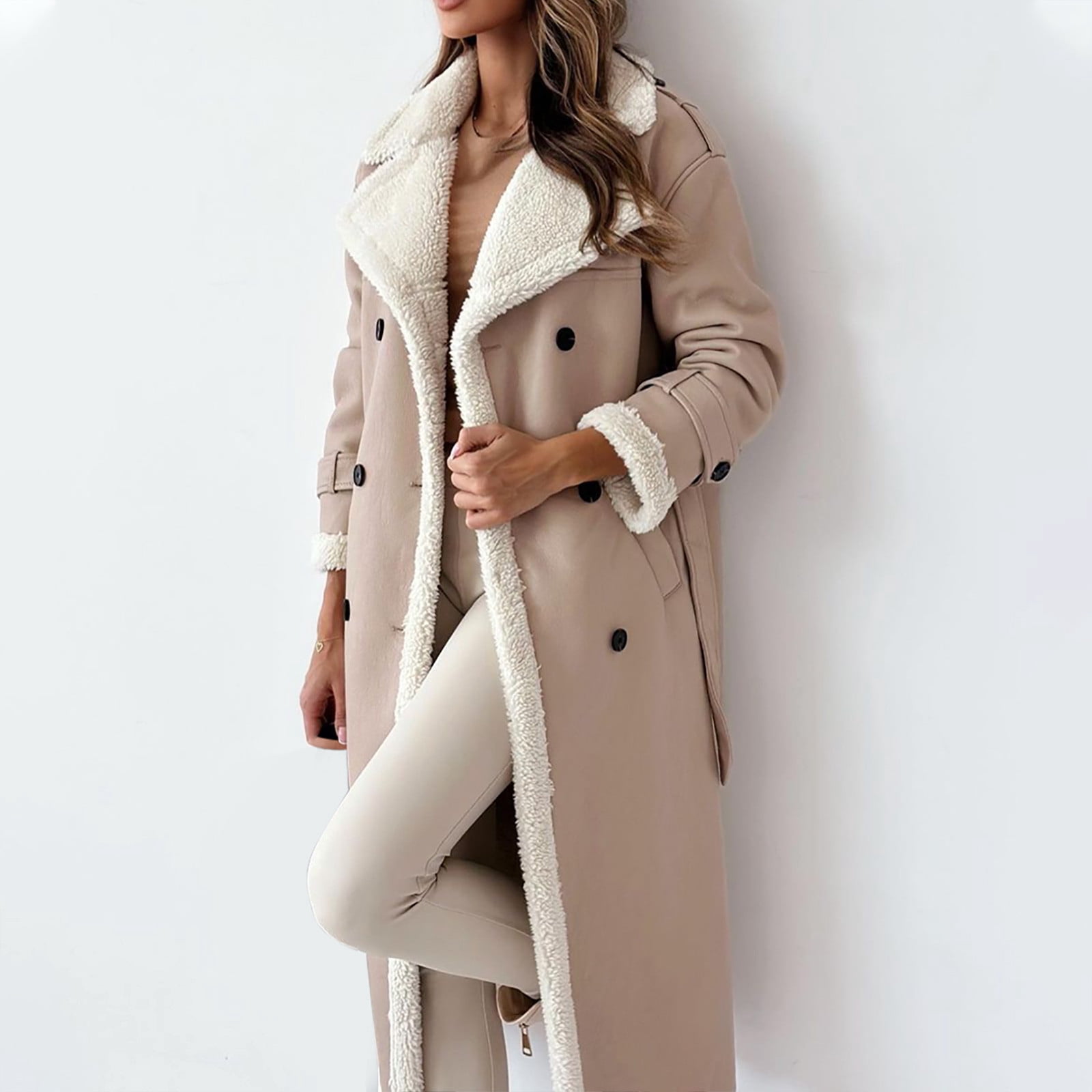 APEXFWDT Women Shearling Sheepskin Faux Leather Coat Long Winter Warm Sherpa Lined Jacket Notch Collar Button Down Trench Coat with Belt