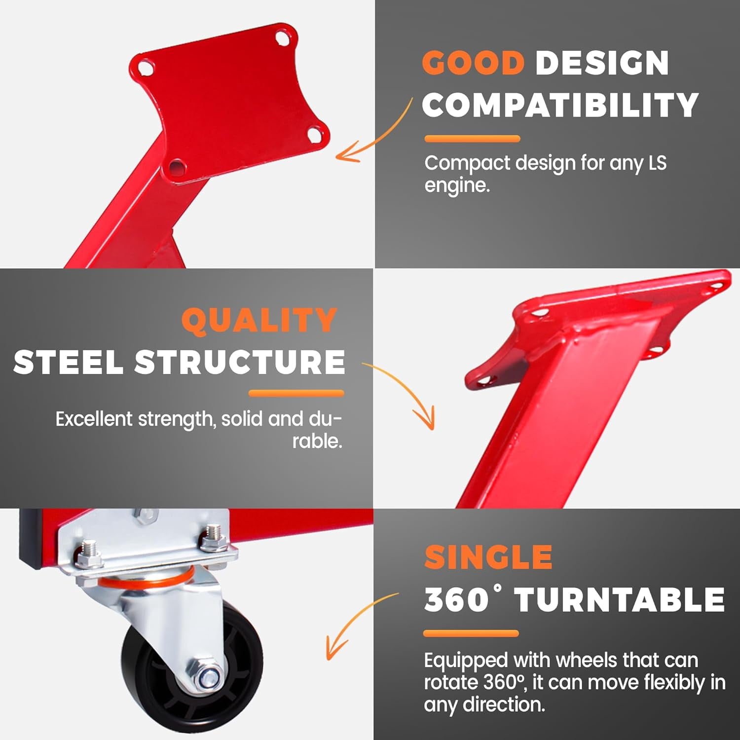 Rolling Engine Storage Stand, LS Compatible Engine Stand with Swivel Caster, Fits GM Chevy V8 LSx, Support for Engines and Transmissions, 2-Piece