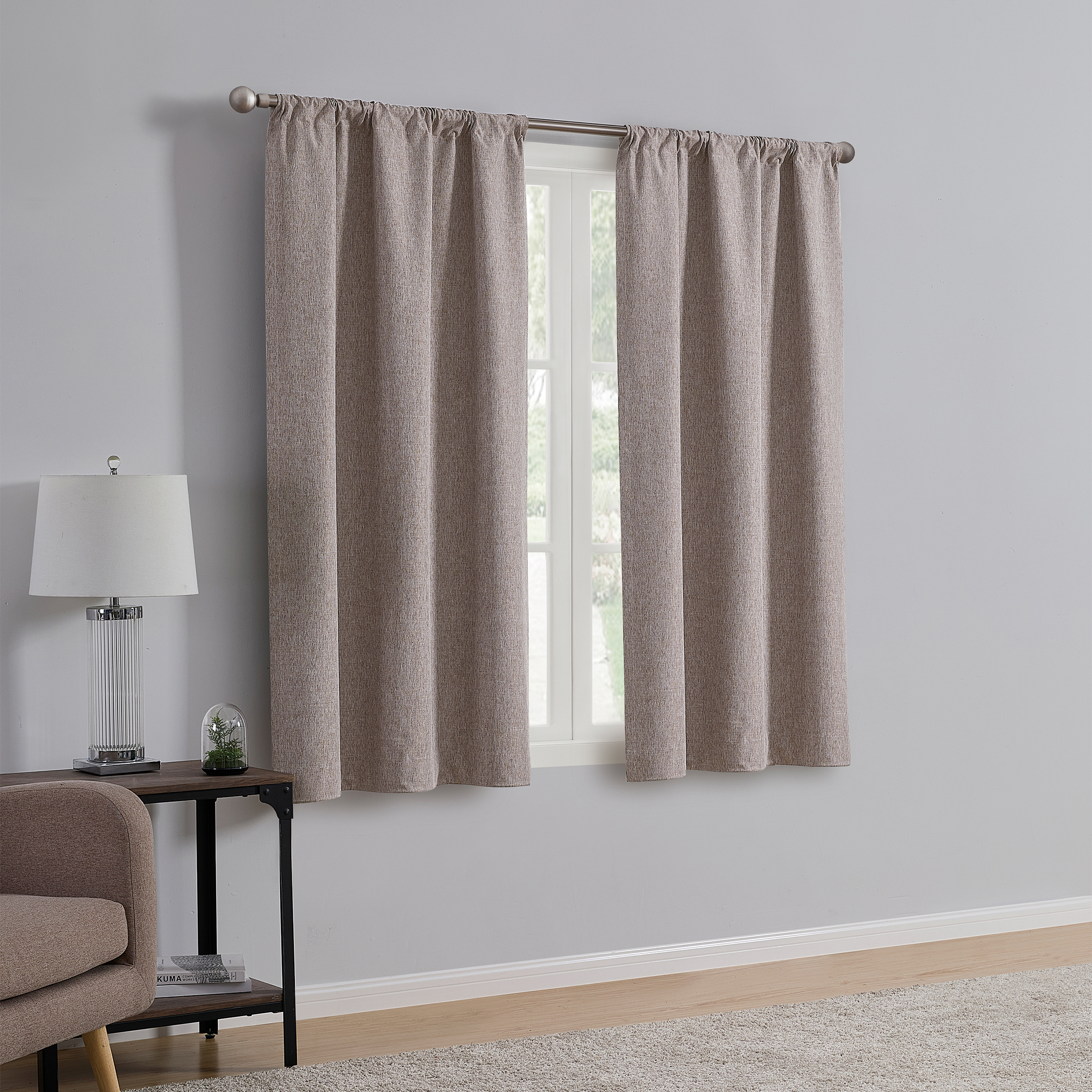 Mainstays Iris Linen Look 100% Blackout Curtain Panel Pair, Set of 2 Room Darkening Drapes for Bedroom, Brown, 37"W x 63"L