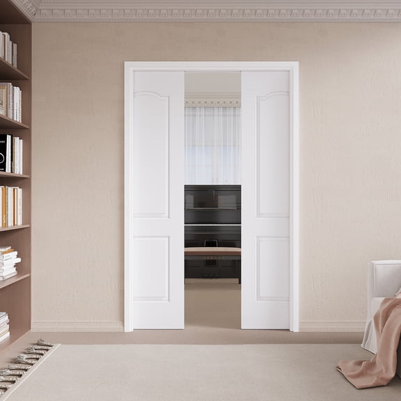 48" x 80" (Double 24") Arch Top 2 Panel Pocket Doors with Soft Close, Molded Solid Core Door Panels & Pocket Doors Hardware & Frames, Bathroom Door, Bedroom Door, Pre-finished & Paintable, White