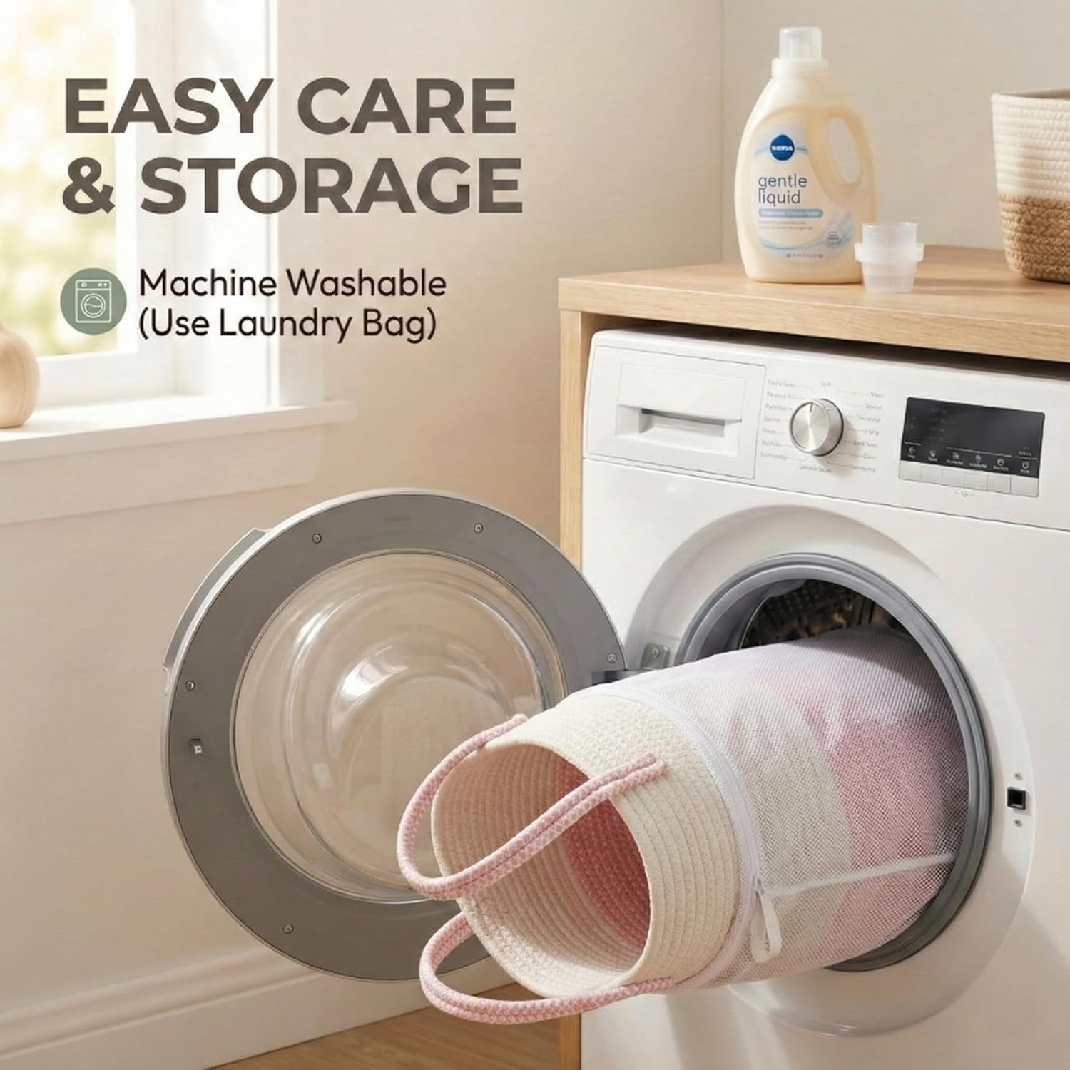 65L Extra Large Blanket Basket for Living Room - Woven Cotton Rope Laundry Hamper with Reinforced Handles - Storage Bin for Pillows, Comforters & Toys - Machine Washable,Black&Grey