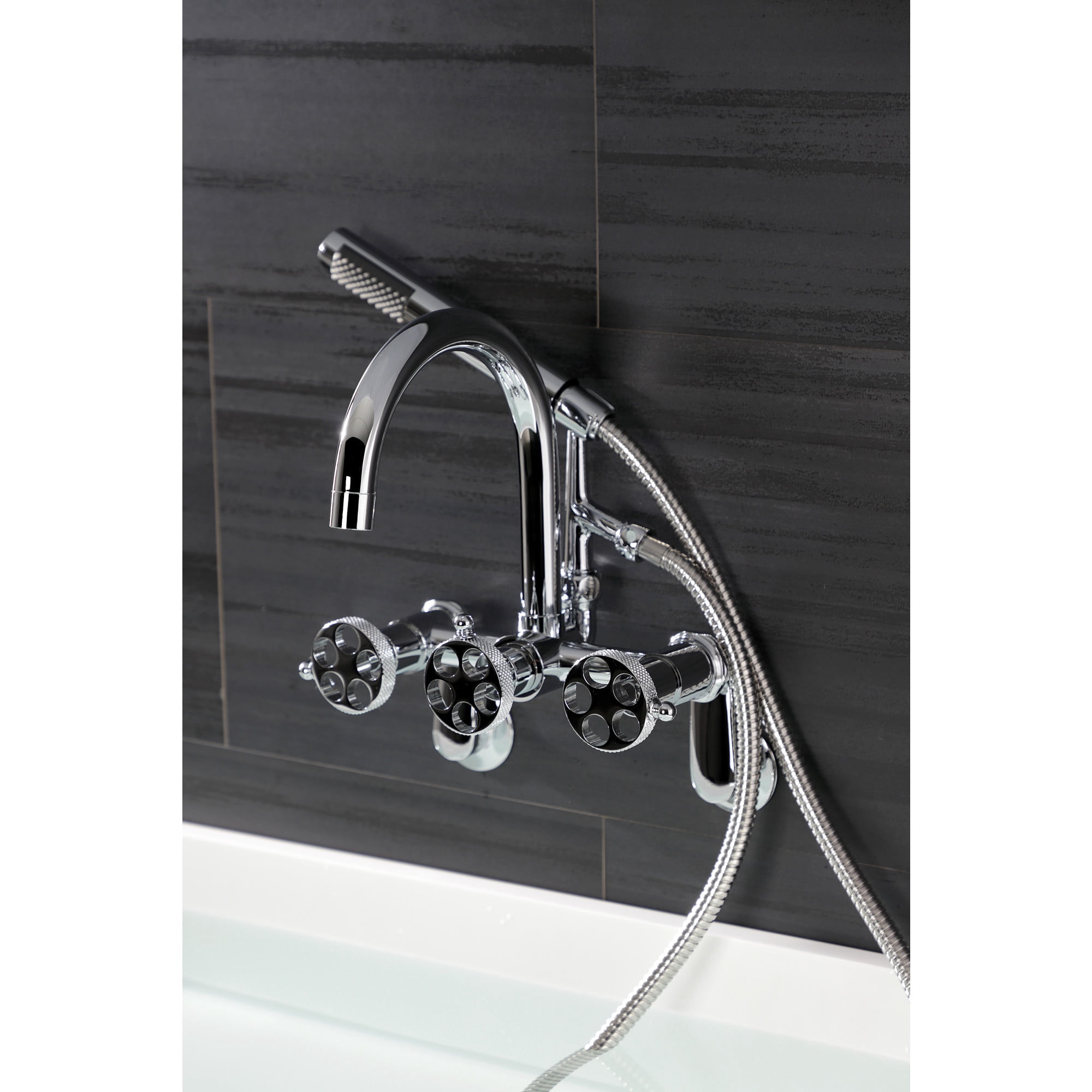Kingston Brass AE8151RKX Webb 7-Inch Adjustable Wall Mount Clawfoot Tub Faucet with Knurled Handle and Hand Shower, Polished Chrome
