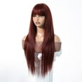 thumbnail image 4 of Women's 28 Inch Deep Red Long Straight Wig - Air Bangs, Layered Texture, Full Head Wig for Natural Cute Style, 4 of 10