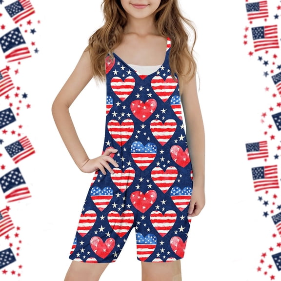 Mceream Girls 4th of July Romper Print Sleeveless Overalls with Pockets Independence Day Summer Sleeveless Casual Overalls Adjustable Straps Jumpsuit for 5-14 Years