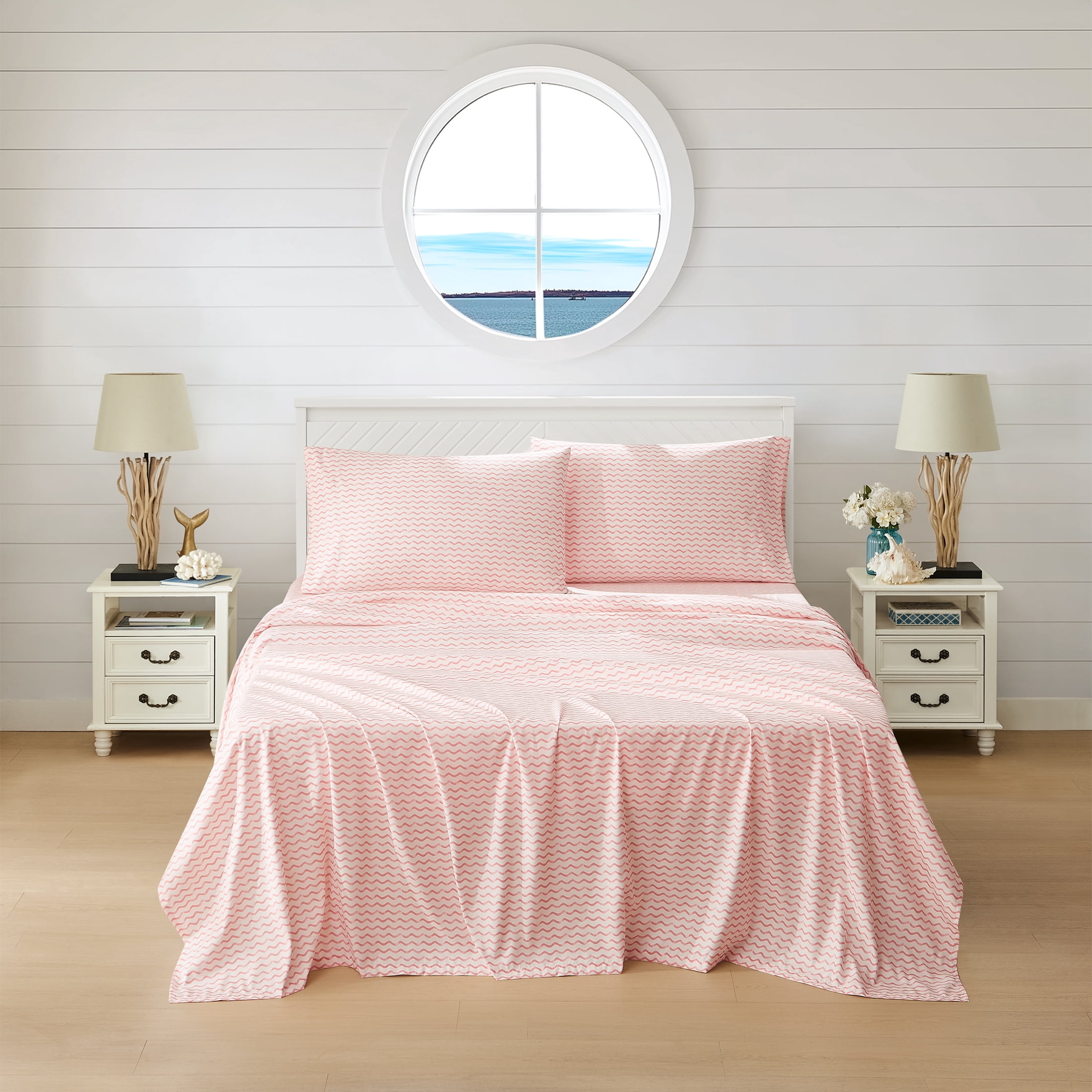 Coastal Living 4-Piece Coral Chevron Soft Brushed Microfiber Luxury Cooling Sheet Set, Queen