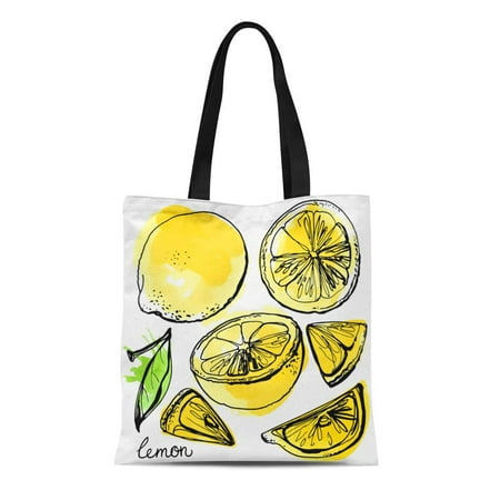 ASHLEIGH Canvas Tote Bag Lemons Black Line Drawn on Drawing of Fruits Abstract Durable Reusable Shopping Shoulder Grocery