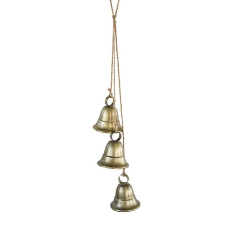 Antique Brass Distressed Finish - Pack of 2 Antique Inspired Distressed Brass Finish Decorative 3 Bells on Rope 14.75