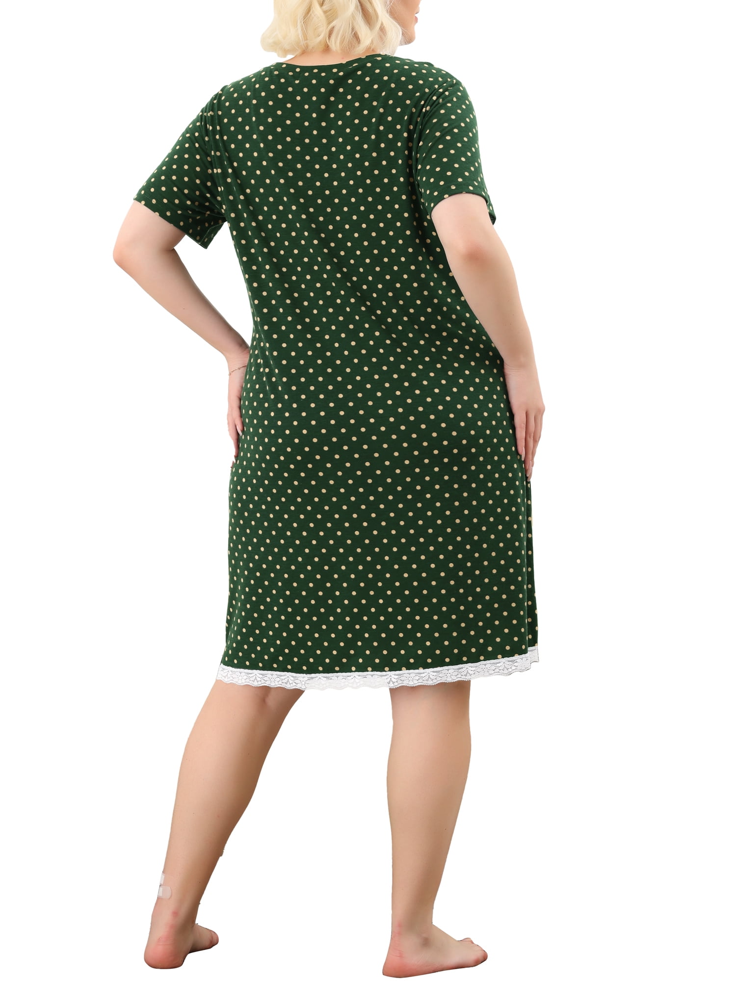 DARING DIVA Women's Plus Size Soft Short Sleeve Lace Trim Pajama Dress 1X Dark Green