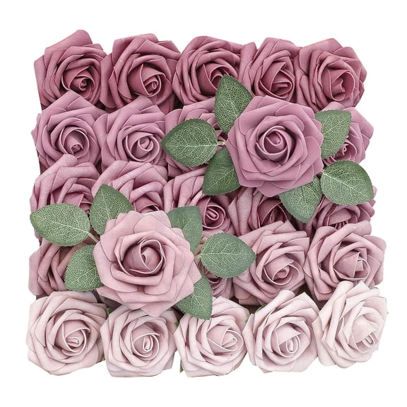NUOKO Artificial Flowers,25pcs Real Looking Mauve Ombre Colors Foam Fake Roses with Stems for DIY Wedding Bouquets Bridal Shower Floral Centerpieces Party Tables Home Decorations
