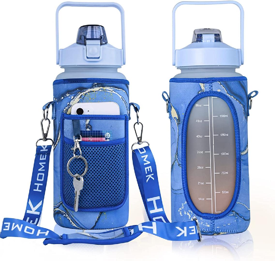 Half Gallon Water Bottle with Sleeve BPA Free 64 oz Motivational Water