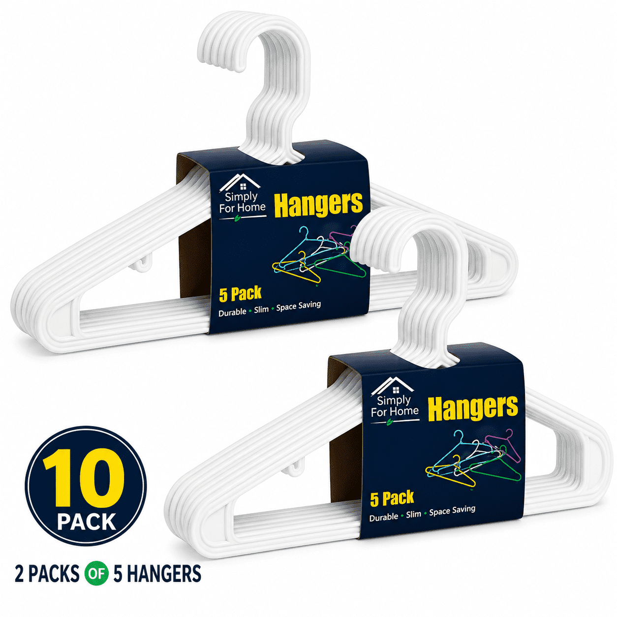 Simply For Home Plastic Clothes Hangers, White, Heavy Duty Garment Hangers, Space Saving, Adult Clothing Hangers, 2 Pack (5 Hangers Each), 10 Total