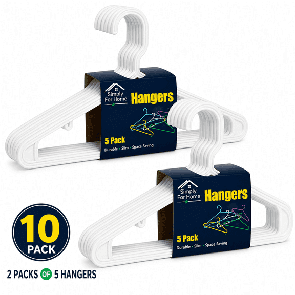 Simply For Home Plastic Clothes Hangers, White, Heavy Duty Garment Hangers, Space Saving, Adult Clothing Hangers, 2 Pack (5 Hangers Each), 10 Total