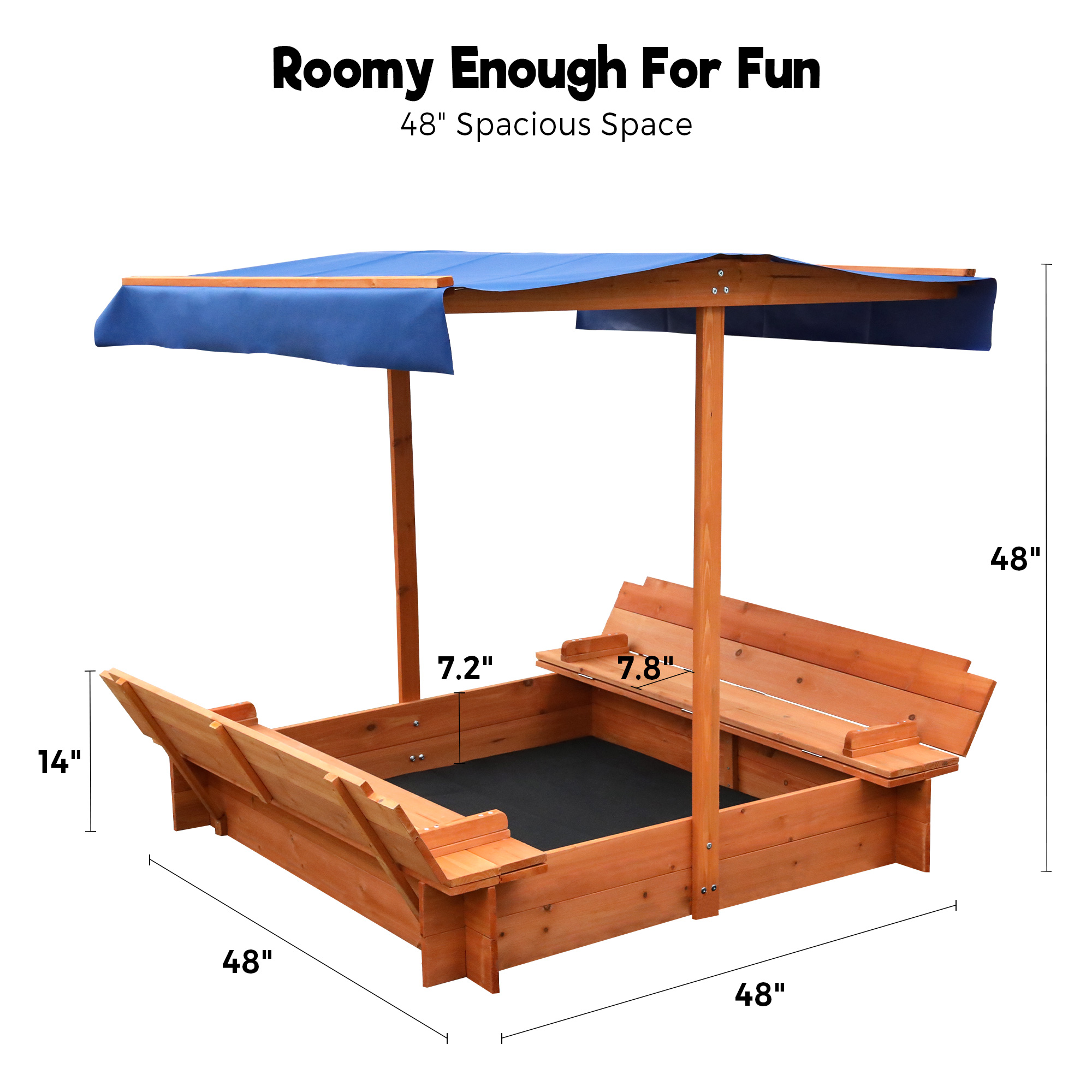 FUNTOK Wooden Sandbox with Cover, 48x48"Sand Boxes for Kids w/ 2 Foldable Bench Seats & UV-Resistant Canopy, Children Outdoor Sandbox w/ Lid for Backyard Lawn - image 3 of 8