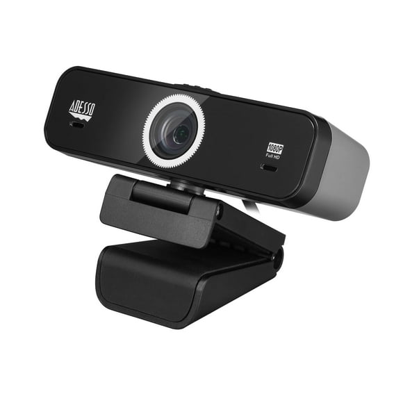 Cámara web USB Adesso CyberTrack K1 1080P Full HD con enfoque fijo, ángulo de visión ajustable, micrófonos duales integrados, obturador de privacidad, modo de audio/video, interruptor de encendido/apa