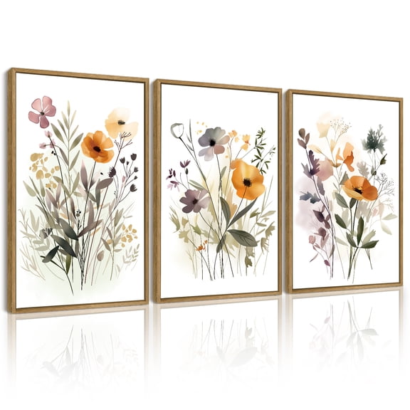SHENIFY Wildflower Bouquet Wall Art 16x24in3pcs Natural Framed Modern Flower Botanical Pictures Illustrations Colorful Floral Hanging Bedroom Dining Living Room Decor