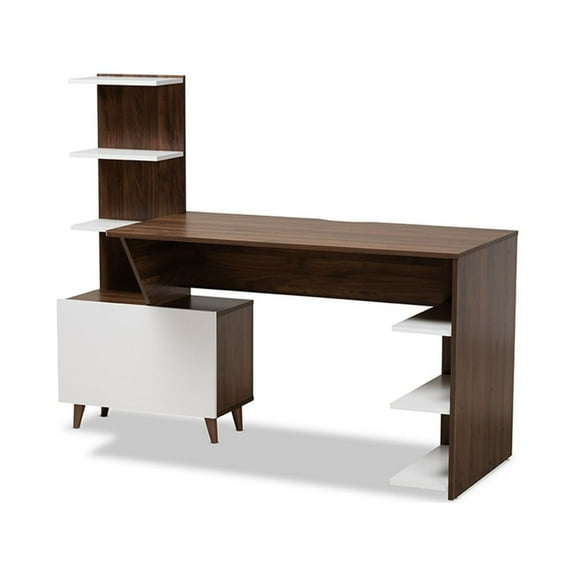 Modern Two-Tone White and Walnut Brown Finished Wood Storage Computer Desk with Shelves
