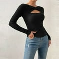 thumbnail image 2 of Workout Tops for Women Fall Long Sleeve Cutout Sexy Solid Ribbed Knit Pullover Slim Fit Basic Women'S T-Shirts Dressy Casual Black M, 2 of 9
