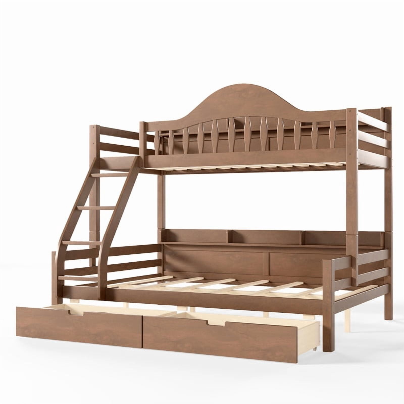 Twin Over Full Bunk Bed with 2 Storage Drawers, Solid Wood Kids Bunk Bed with Curved Guardrails, Side Storage Shelves and Ladder, No Box Spring Needed