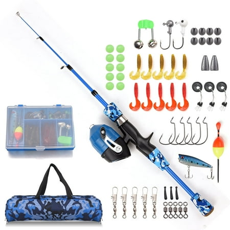 Kids Fishing Rod and Reel Combo Full Kit 1.2m/1.5m Telescopic Casting Rod Pole with Spincast Reel and Hooks Lures Swivels Carry Bag
