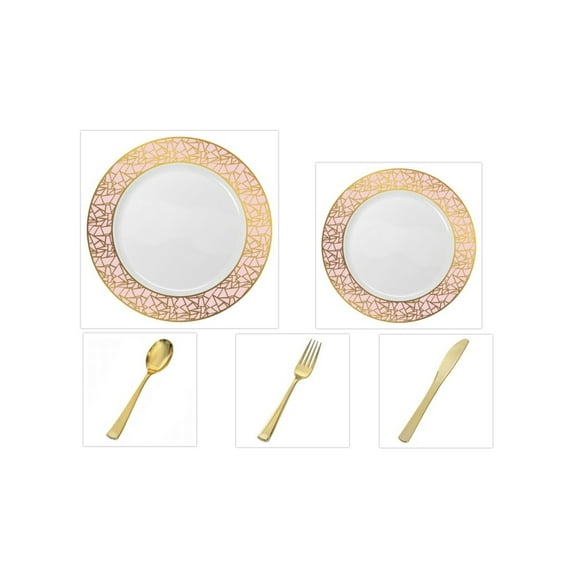 Mosaic Collection White w/Pink and Gold Border China-Like Plastic 10.25" Dinner Plates + 7" Salad Plates + Cutlery *Party for 60*