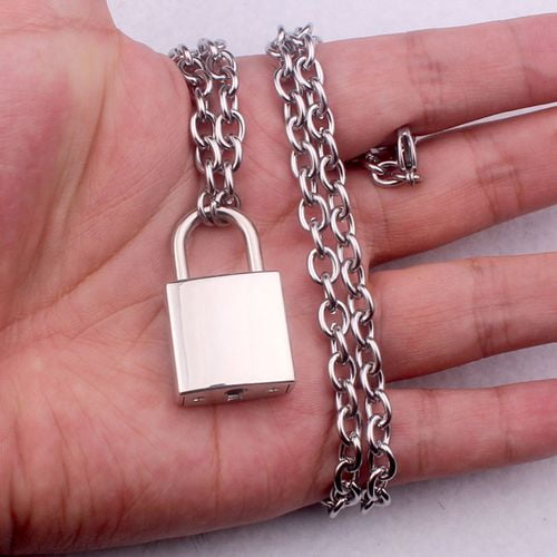 Stainless Steel Padlock Chain Necklace Lock Key Pendant Punk Rock