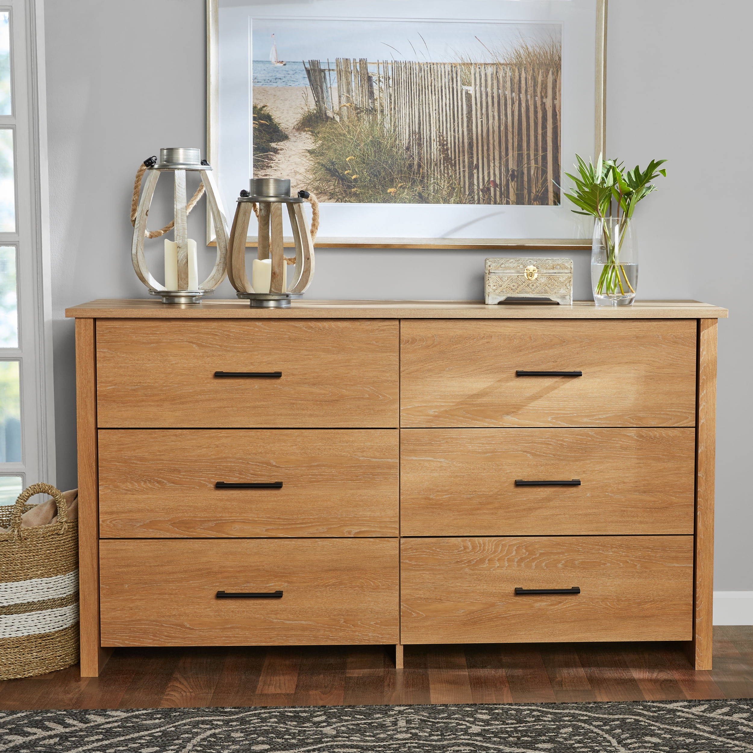 Modern Solid Wood 6 Drawer Double Dresser in Platinum