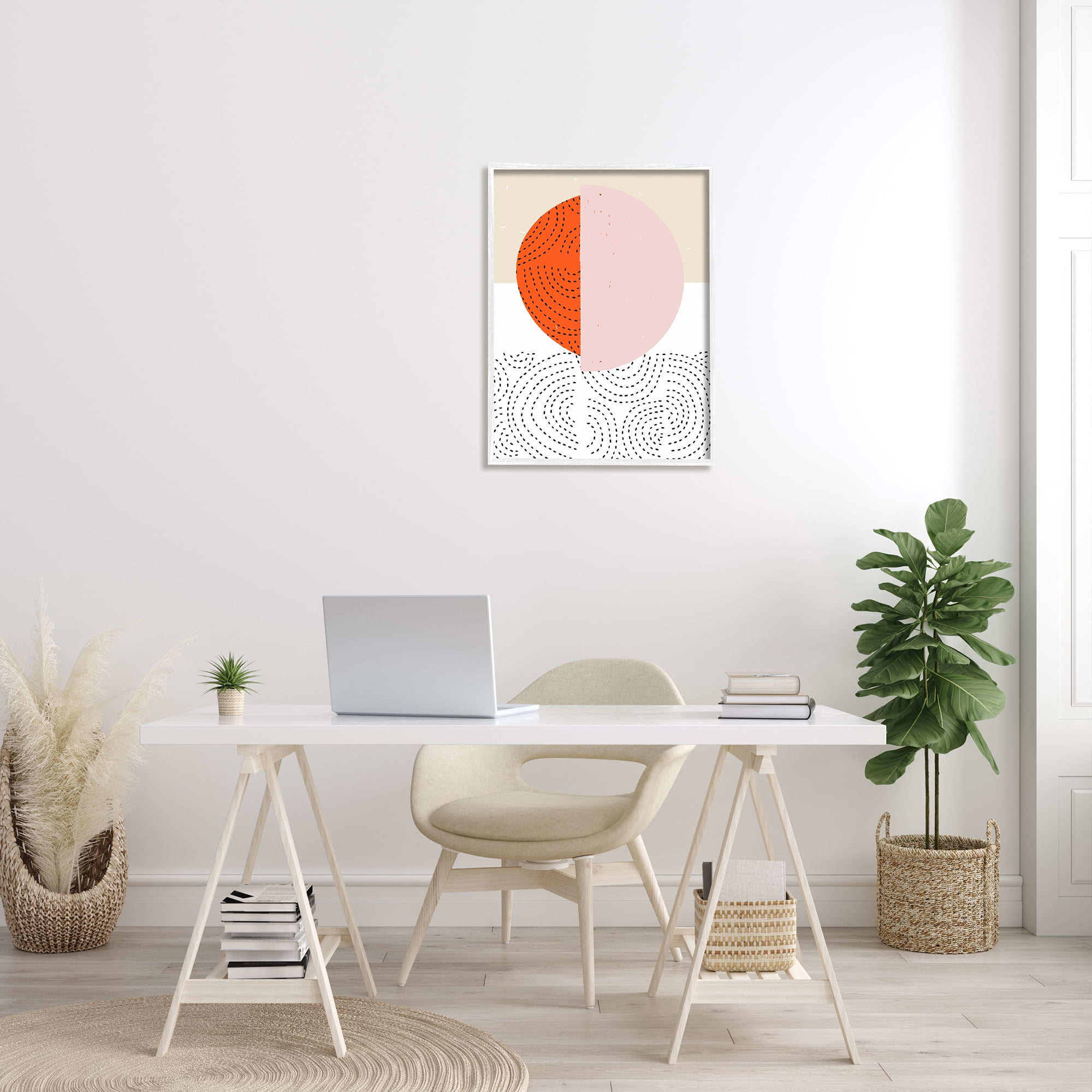 Stupell Industries Asymmetrical Sun Horizon Geometric Abstraction Dotted Lines Abstract Painting White Framed Art Print Wall Art, 24 x 30